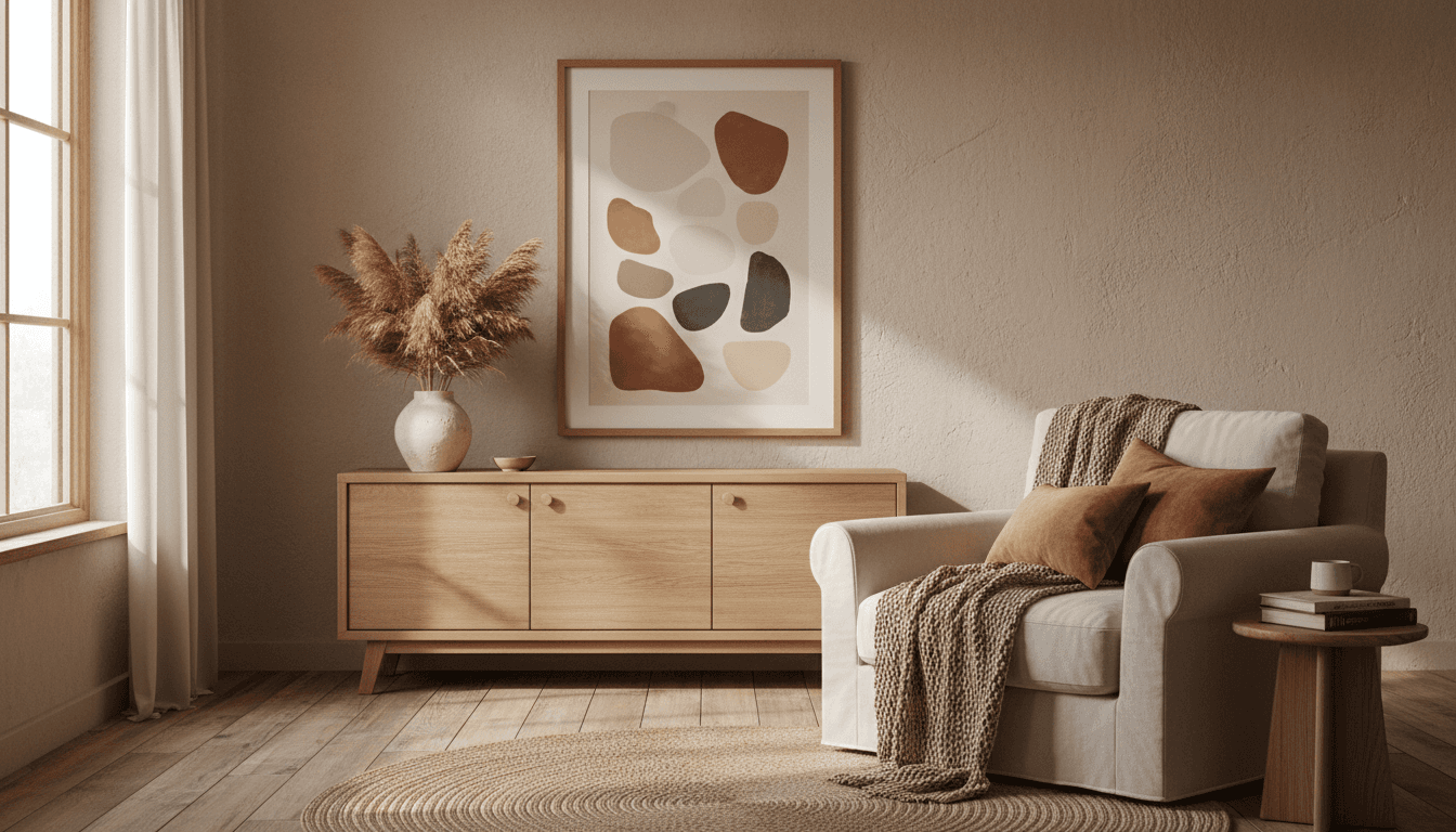 Cozy Toronto living room corner styled with curated wall art, ceramic vase, and woven throw