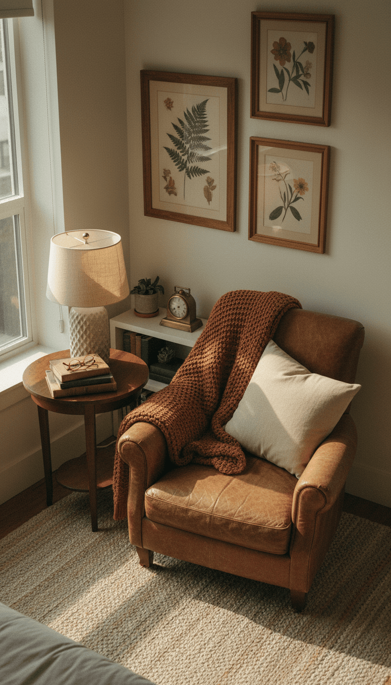 Bedroom reading nook styled with lamp and decorative accents