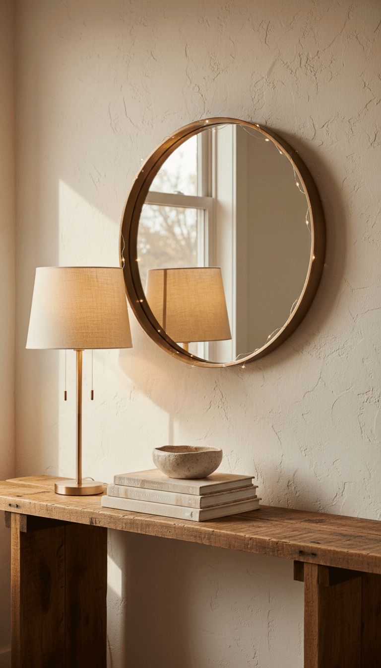 Styled entryway console with lighting accent and décor pieces