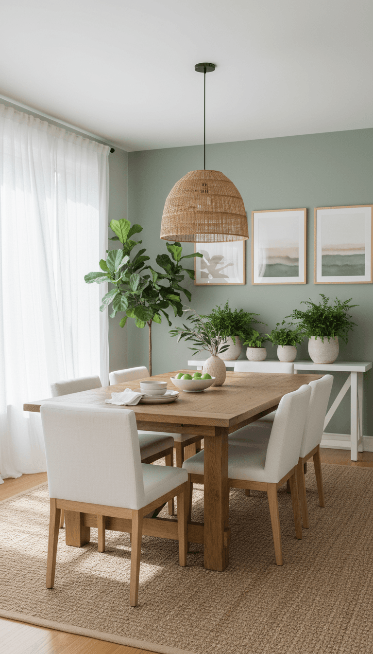 Bright dining area styled with furniture décor and wall art
