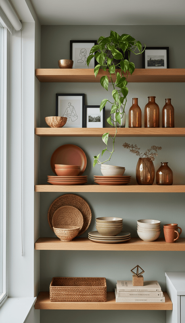 Open shelving unit styled with curated kitchen décor