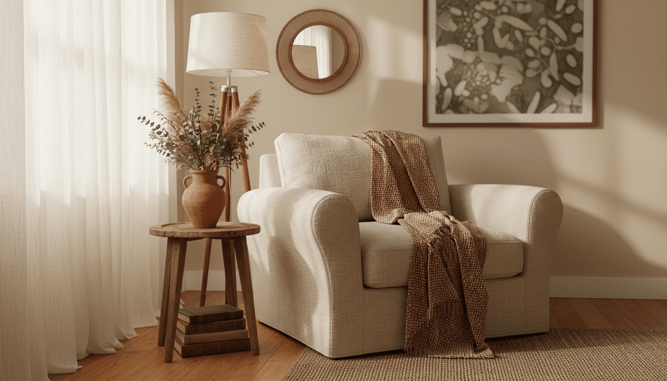 Cozy styled living room corner with decorative accessories in warm natural light
