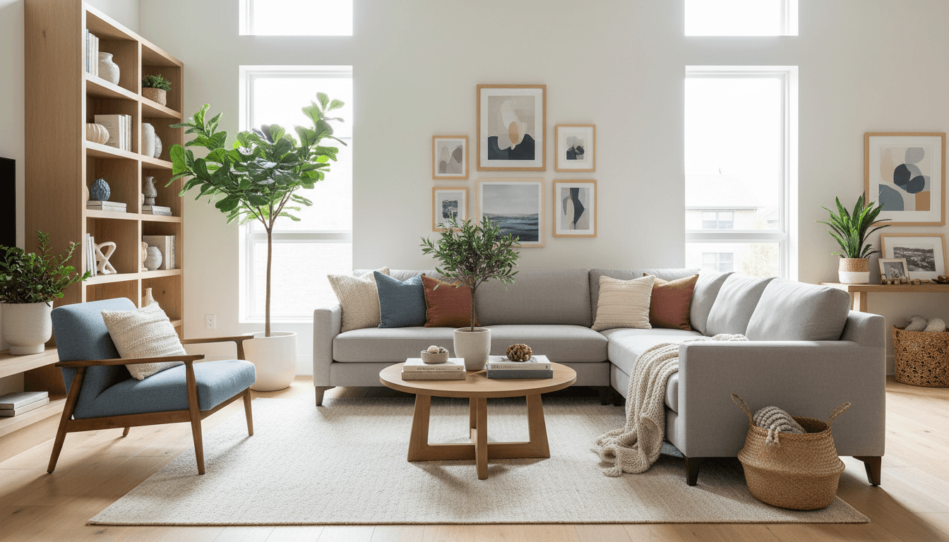 Styled living room corner with ceramic vase, wooden side table, and framed wall art